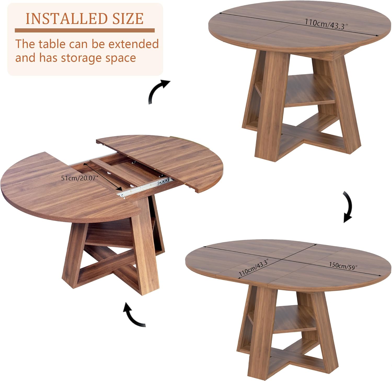 43.3in-59in Extendable Round Dining Table for 4-8,Modern Kitchen Oval Dining Table with Removable Leaves Space Saving,Wood Base with Storage Shelf for Kitchen Living Room (Walnut)