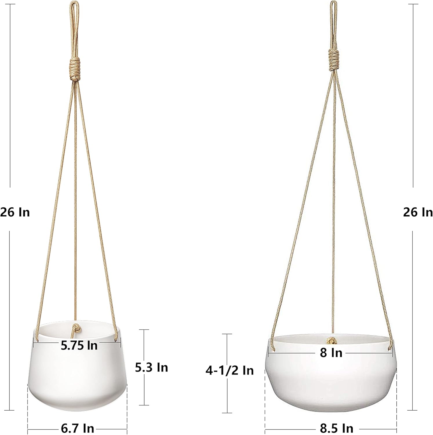 Mkono Ceramic Hanging Planter of Shallow 8 Inch and Deep 6 Inch for Indoor Outdoor Plants, Set of 2 Modern Plant Pot Geometric Porcelain Hanging Basket with Polyester Rope Hanger