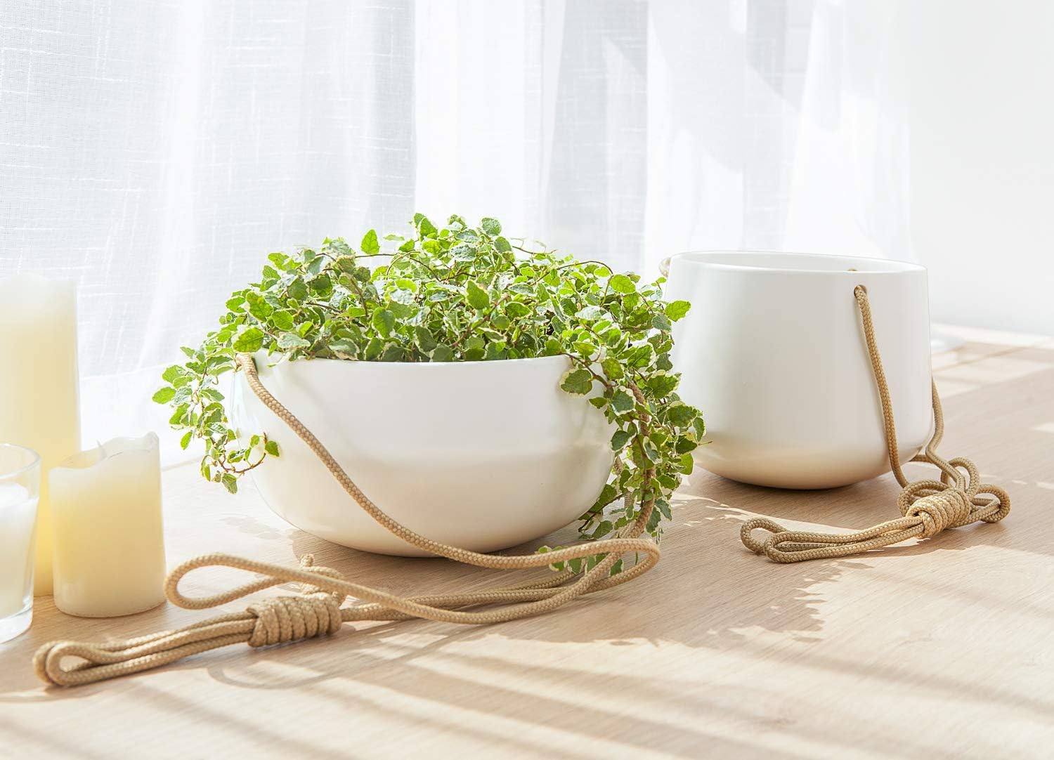 Mkono Ceramic Hanging Planter of Shallow 8 Inch and Deep 6 Inch for Indoor Outdoor Plants, Set of 2 Modern Plant Pot Geometric Porcelain Hanging Basket with Polyester Rope Hanger