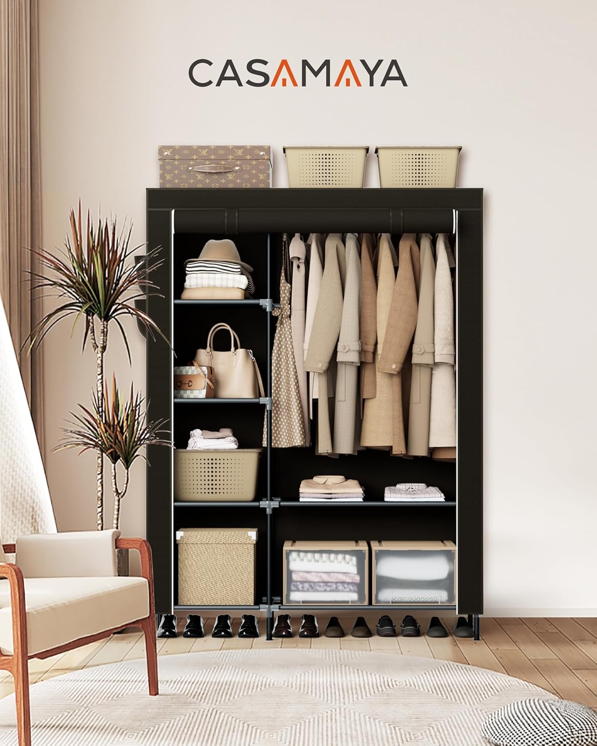 Portable Closet, 48 Inch Large Capacity Wardrobe Closet with Cover, Clothes Storage Organizer with Shelves and 1 Hanging Rod, Easy to Assembly, Black PCT221B01