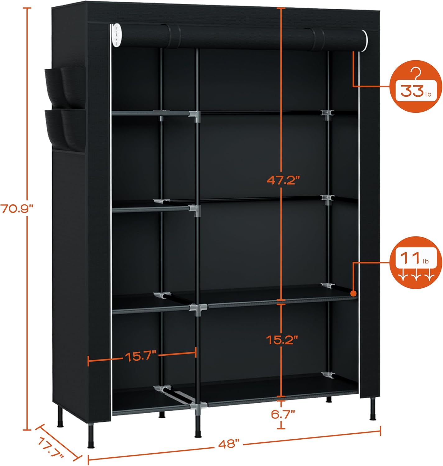 Portable Closet, 48 Inch Large Capacity Wardrobe Closet with Cover, Clothes Storage Organizer with Shelves and 1 Hanging Rod, Easy to Assembly, Black PCT221B01