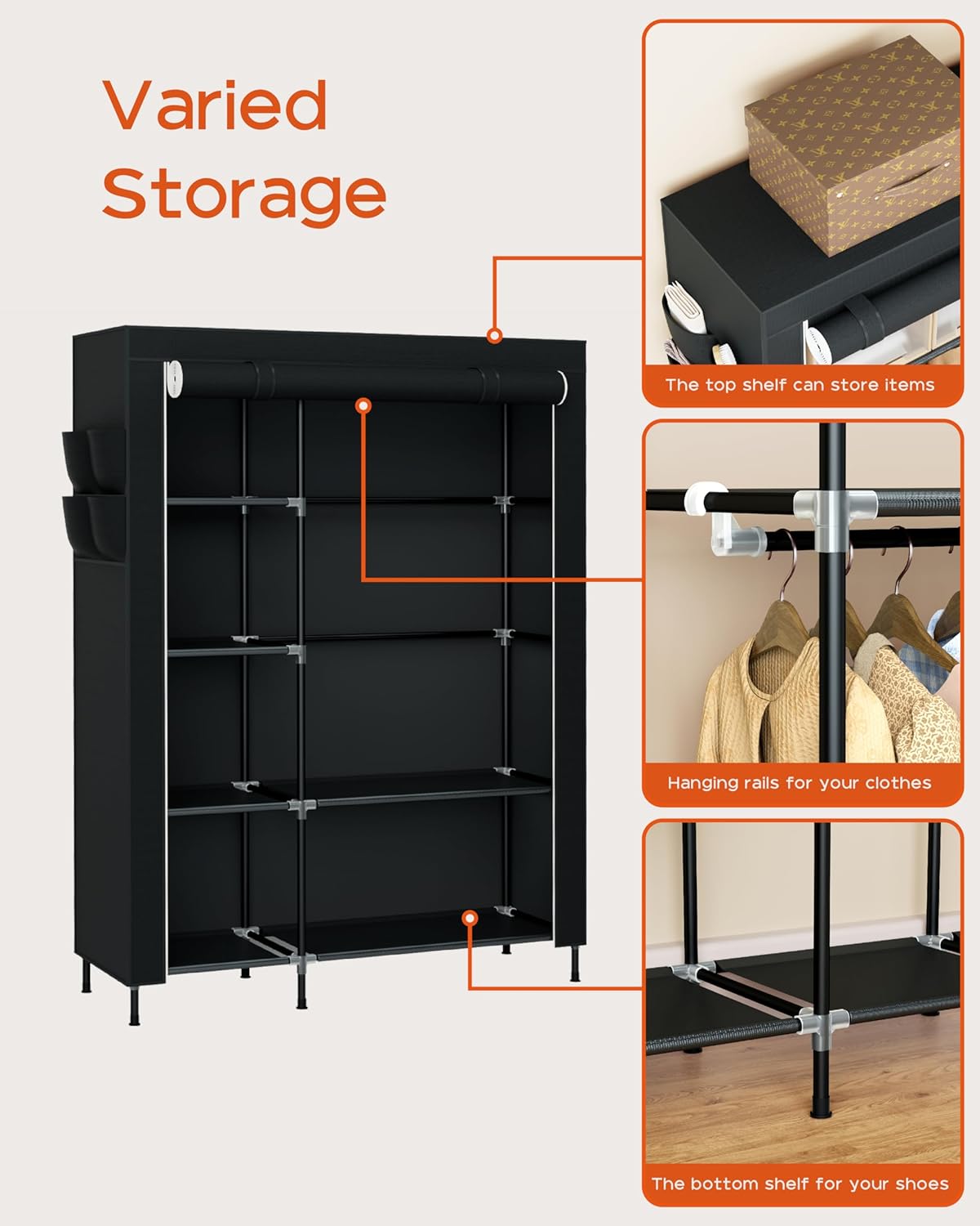 Portable Closet, 48 Inch Large Capacity Wardrobe Closet with Cover, Clothes Storage Organizer with Shelves and 1 Hanging Rod, Easy to Assembly, Black PCT221B01