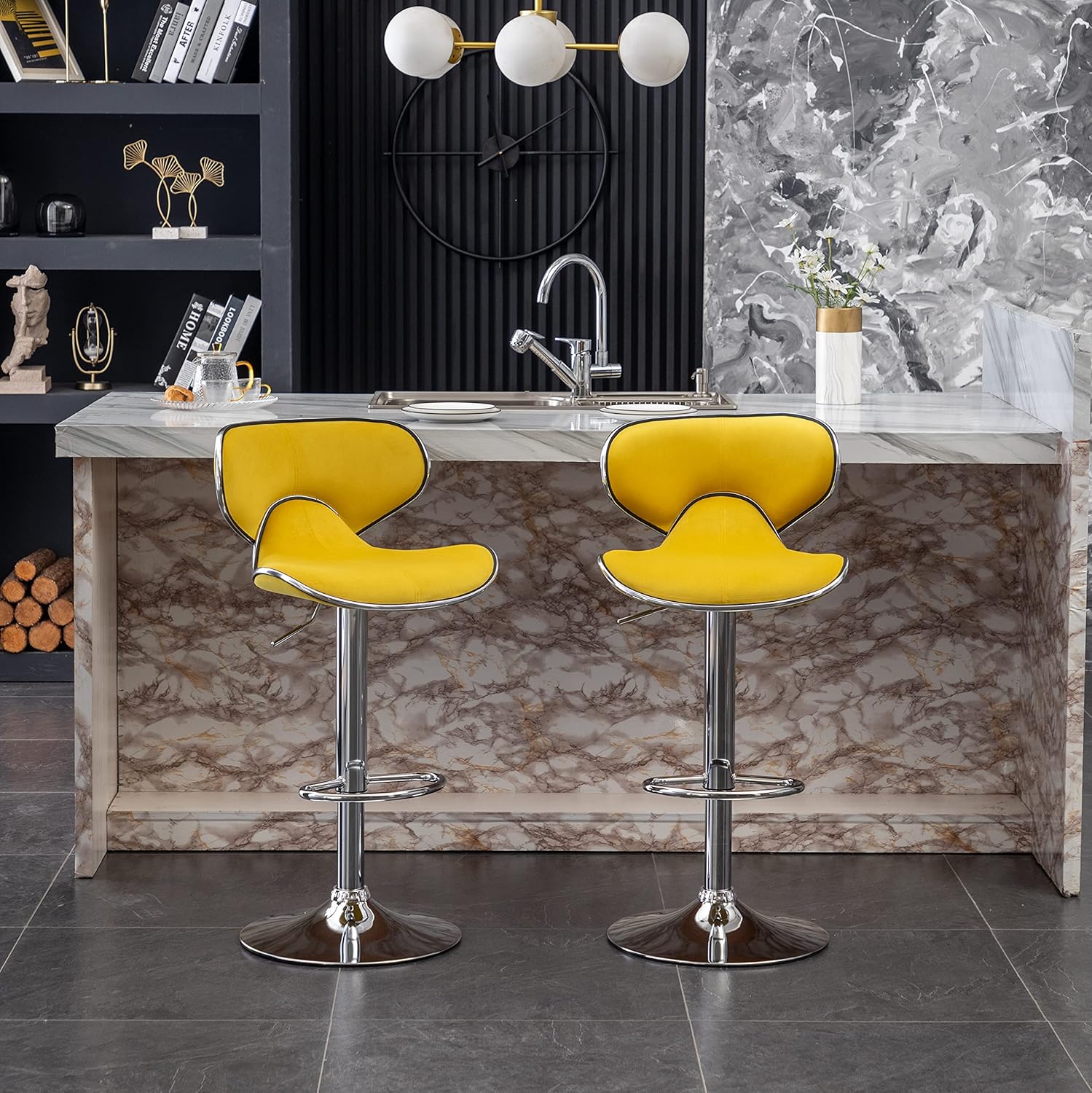 Roundhill Furniture Masaccio Velvet Upholstered Adjustable Swivel Barstool, Set of 2, Yellow