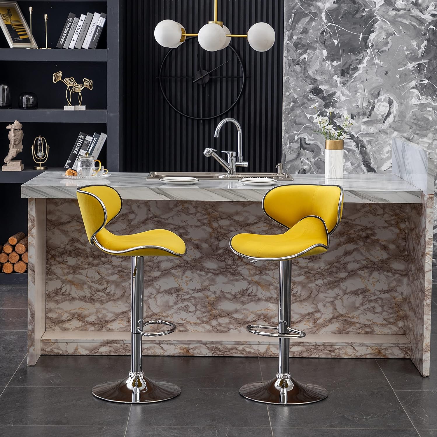 Roundhill Furniture Masaccio Velvet Upholstered Adjustable Swivel Barstool, Set of 2, Yellow