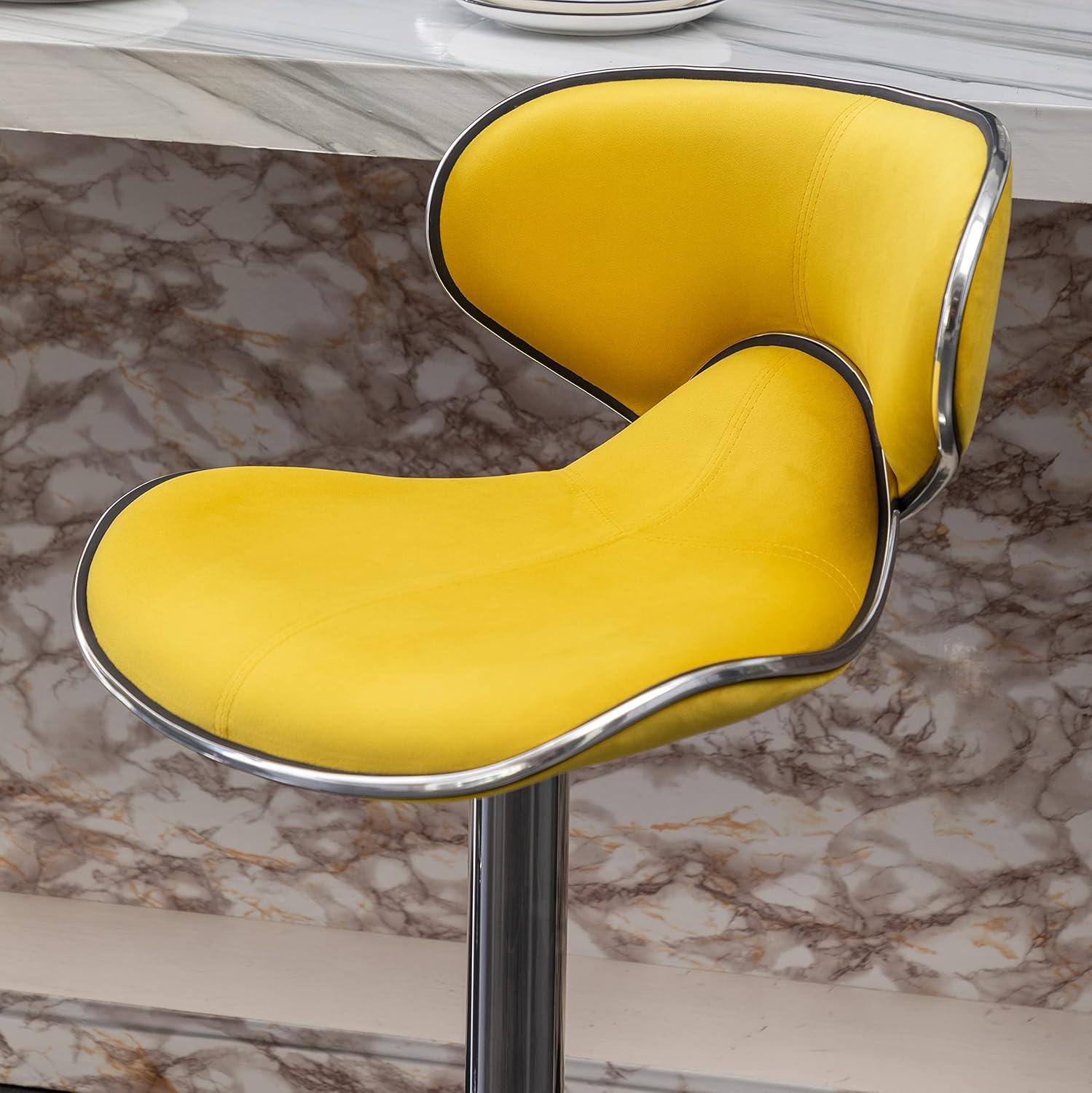 Roundhill Furniture Masaccio Velvet Upholstered Adjustable Swivel Barstool, Set of 2, Yellow